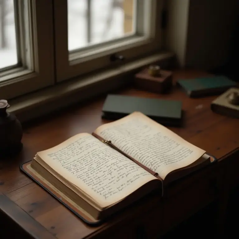 Open book with handwritten pages on a wooden table by a window.