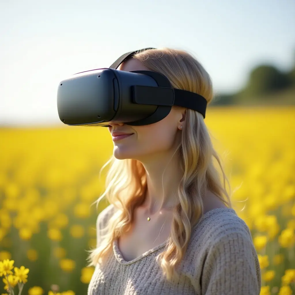 Woman wearing a VR headset in a field of yellow flowers.