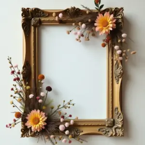 Elegant golden frame adorned with flowers and dried plants.