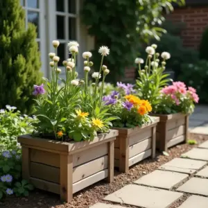 Brightly colored flowers in wooden planters along a walkway.