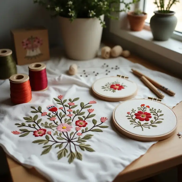 Embroidery supplies with floral designs on fabric and spools of thread. Bright, cozy crafting scene by a window.