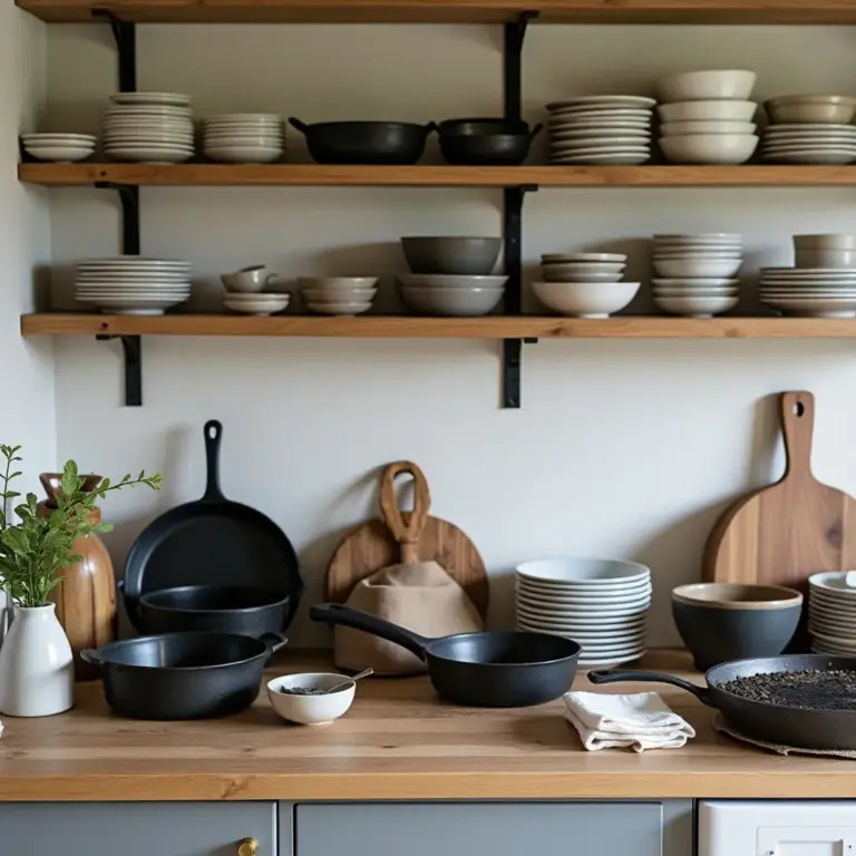 A cozy kitchen shelf with various cookware and neatly arranged plates and bowls.