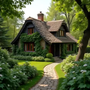 Charming cottage surrounded by lush greenery and a stone pathway.