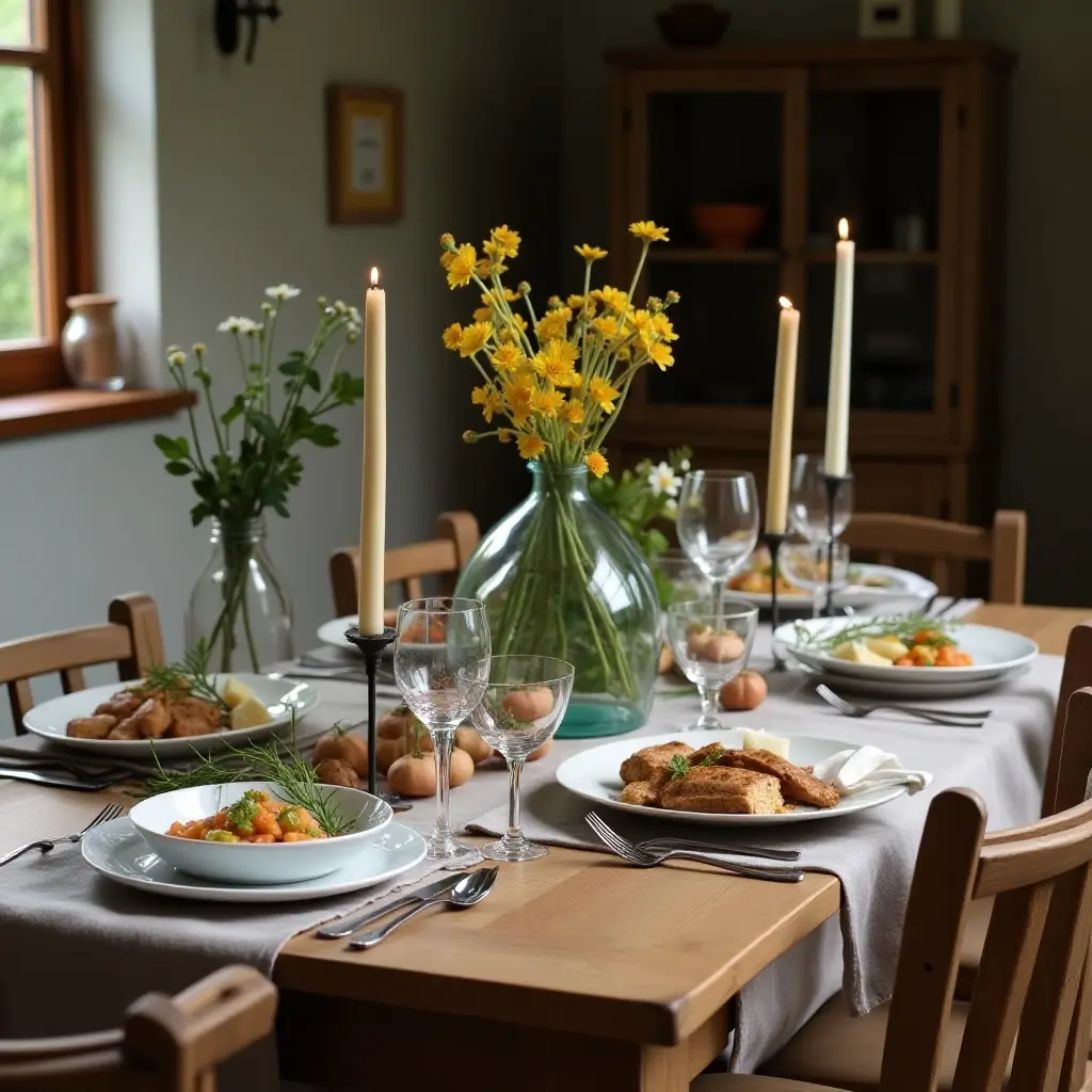 Table set for a meal with candles, flowers, and plated food.