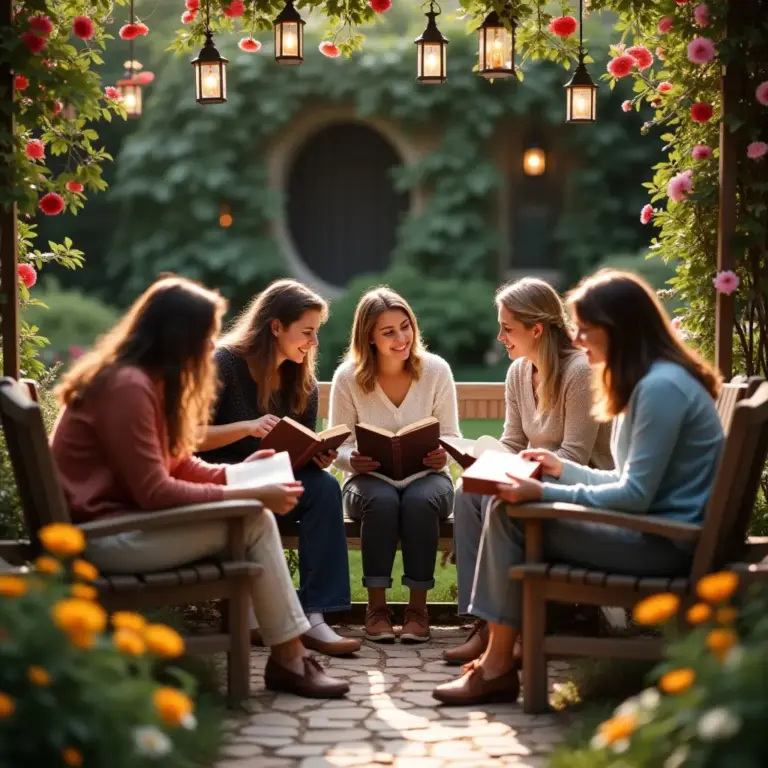 Group of five women reading books in a flower-filled garden, surrounded by hanging lanterns.