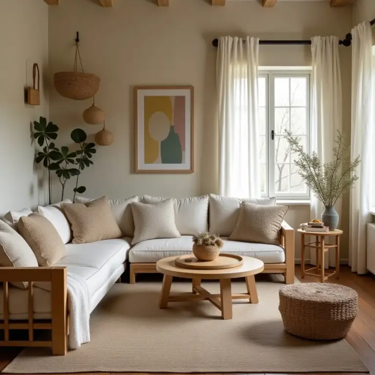 Cozy living room with neutral decor, natural light, plants, and wooden furniture.