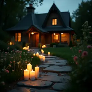 Candlelit pathway leading to a cozy house at dusk.