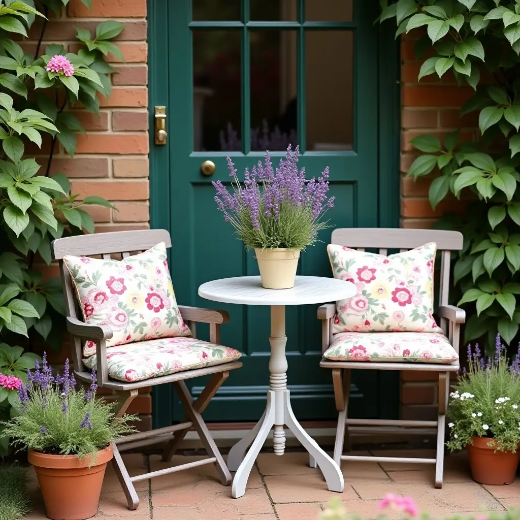 Charming garden corner with two chairs, a table, and potted lavender.