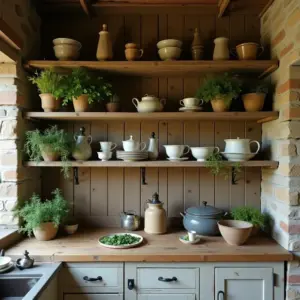 Rustic kitchen shelves with plants, pottery, and tableware. Cozy and vibrant ambiance.