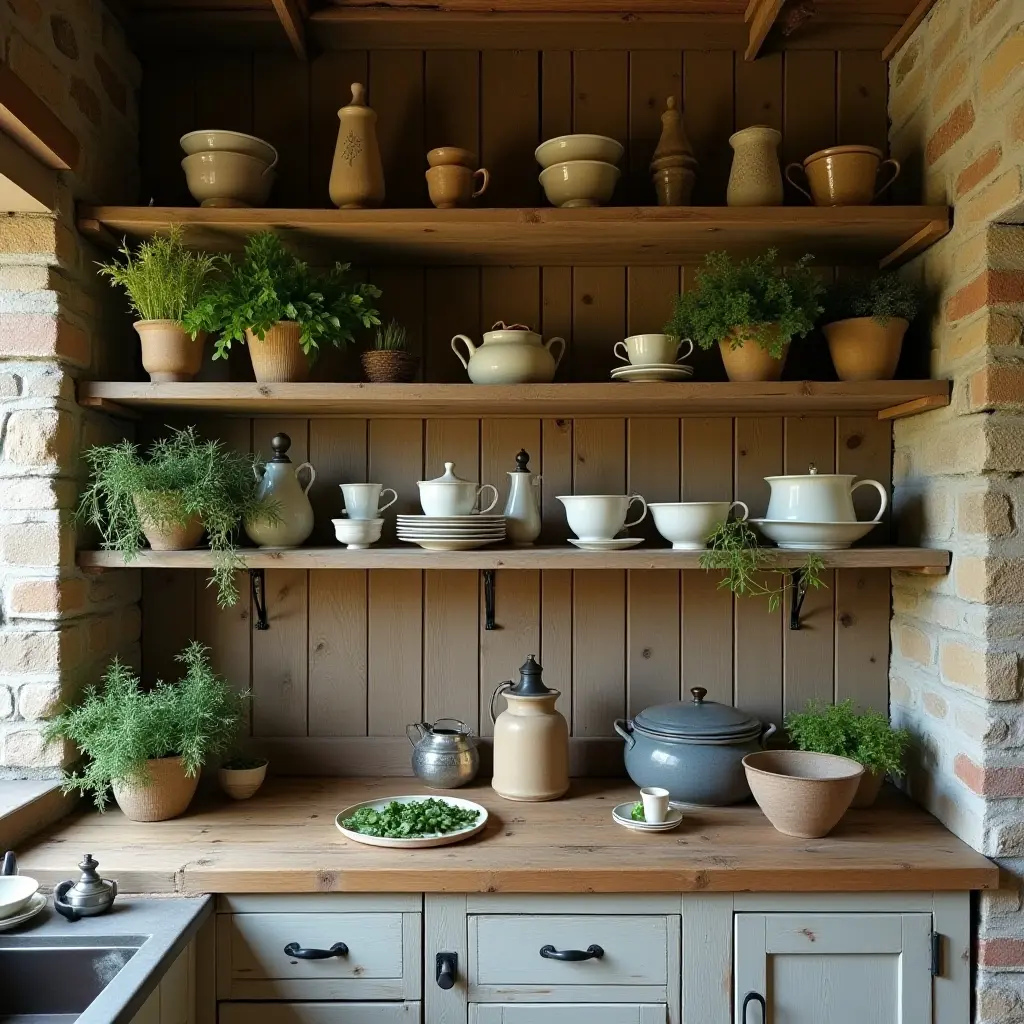 Rustic kitchen shelves with plants, pottery, and tableware. Cozy and vibrant ambiance.