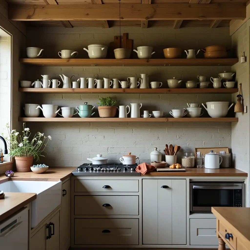 Cozy kitchen with open shelves filled with white ceramic dishware and potted plants. Natural light from window.