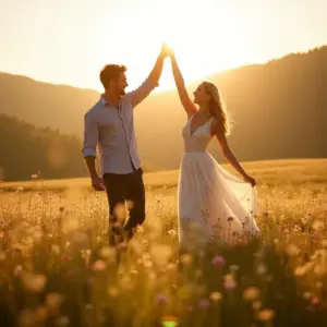 Couple dancing in a sunlit field at sunset, surrounded by flowers and mountains.