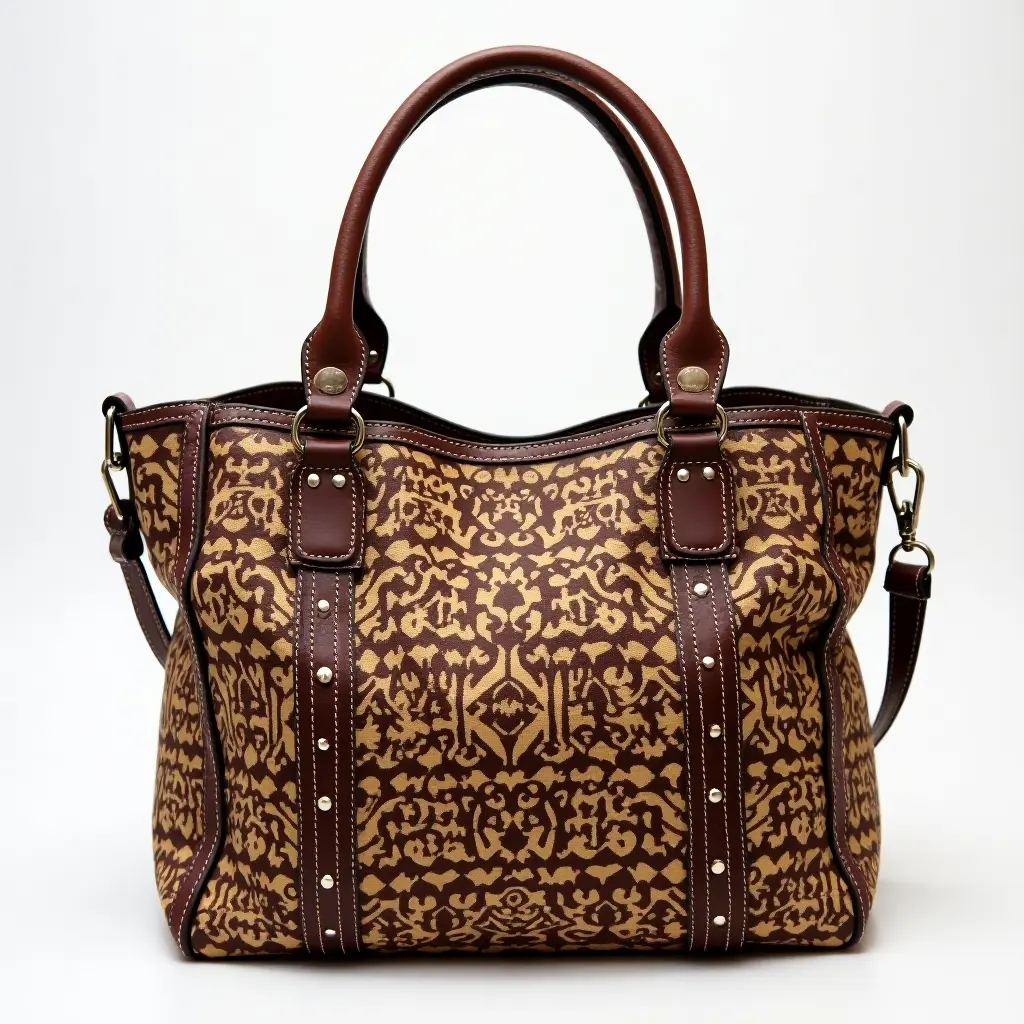 Brown handbag with a patterned design and leather straps.