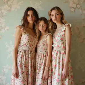 Three girls in floral dresses stand together against a floral background.