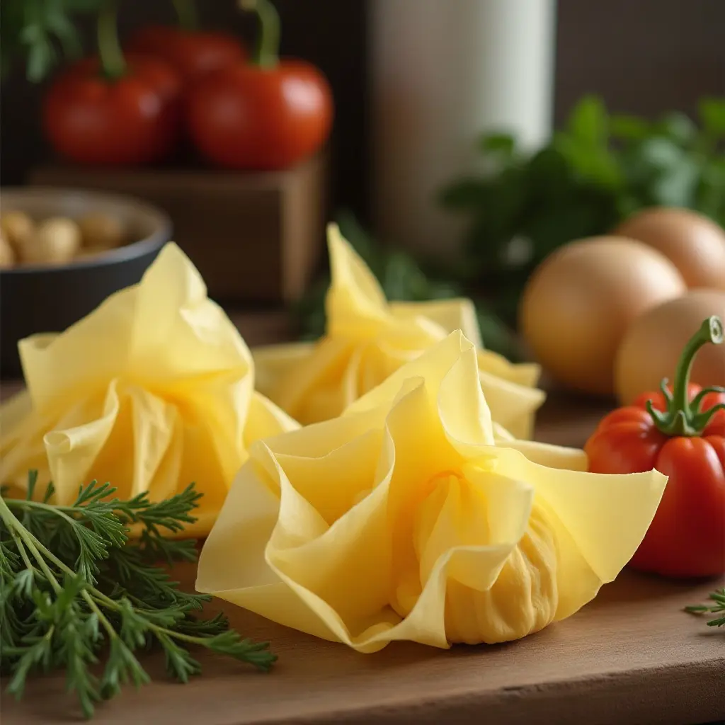 Colorful ingredients on a wooden table, including yellow pasta, tomatoes, eggs, and fresh herbs.