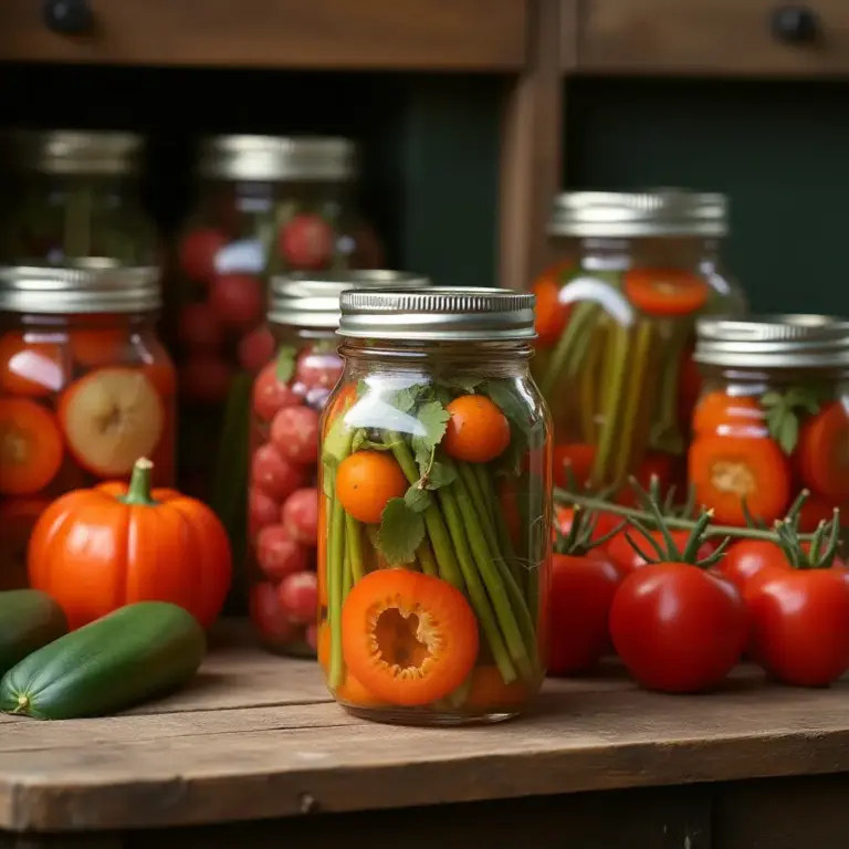 Glass jars filled with colorful pickled vegetables and fresh produce on a wooden table.