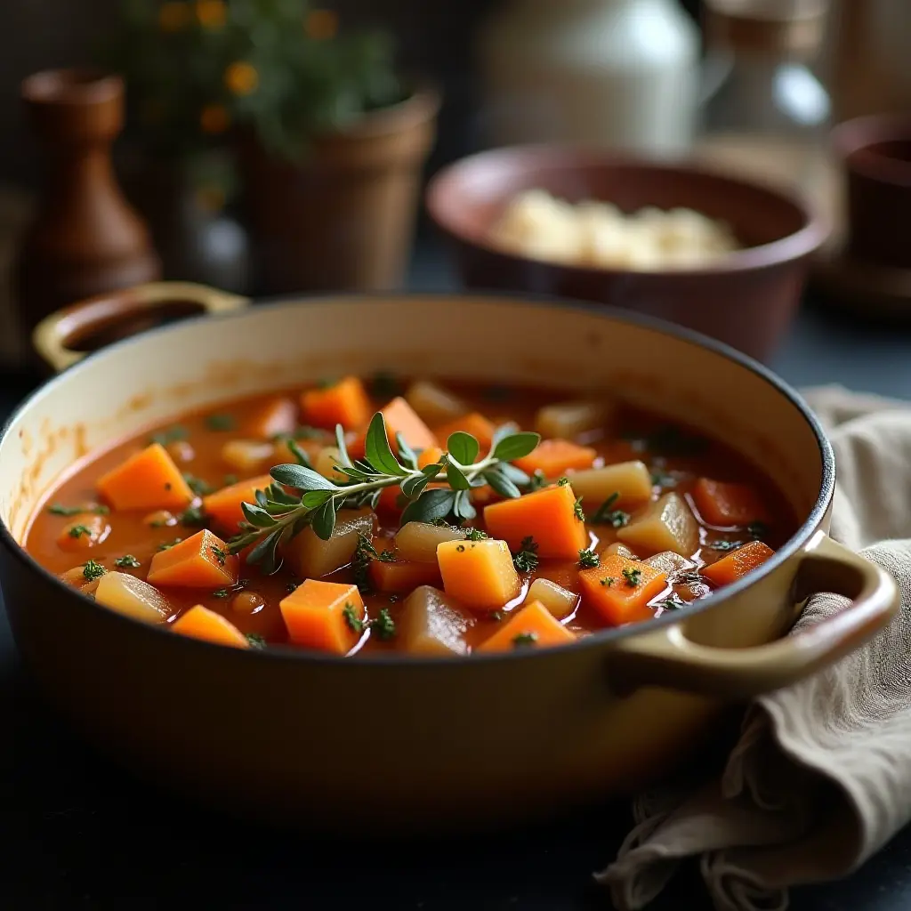 A pot of hearty vegetable soup garnished with fresh herbs.