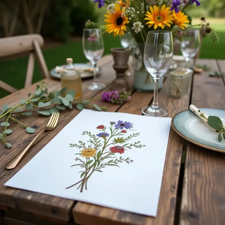 A beautifully set outdoor table with flowers and elegant dining utensils.