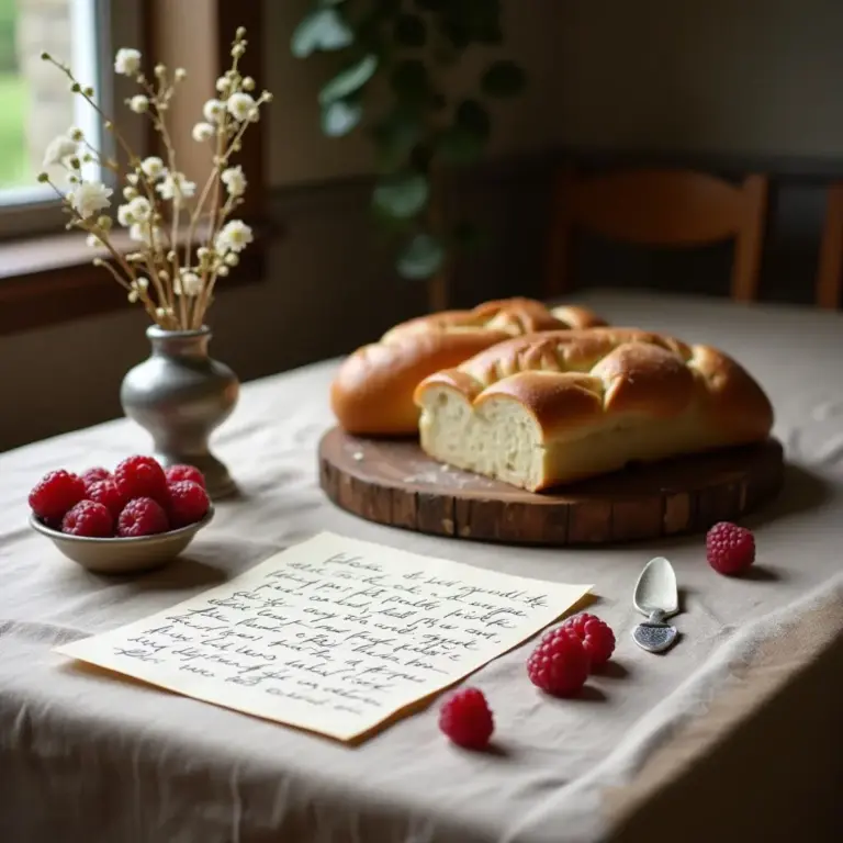 A wooden table with freshly baked bread, raspberries, and a handwritten note.