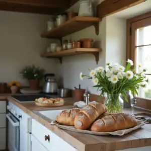 Freshly baked bread on a wooden kitchen counter beside a vase of daisies. Warm, cozy kitchen atmosphere.