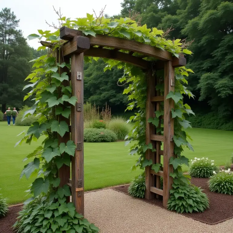 Wooden arch covered in green vines, leading into a lush garden.