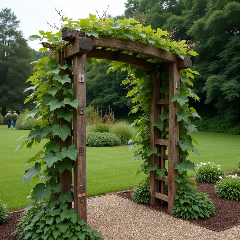 Wooden arch covered in green vines, leading into a lush garden.