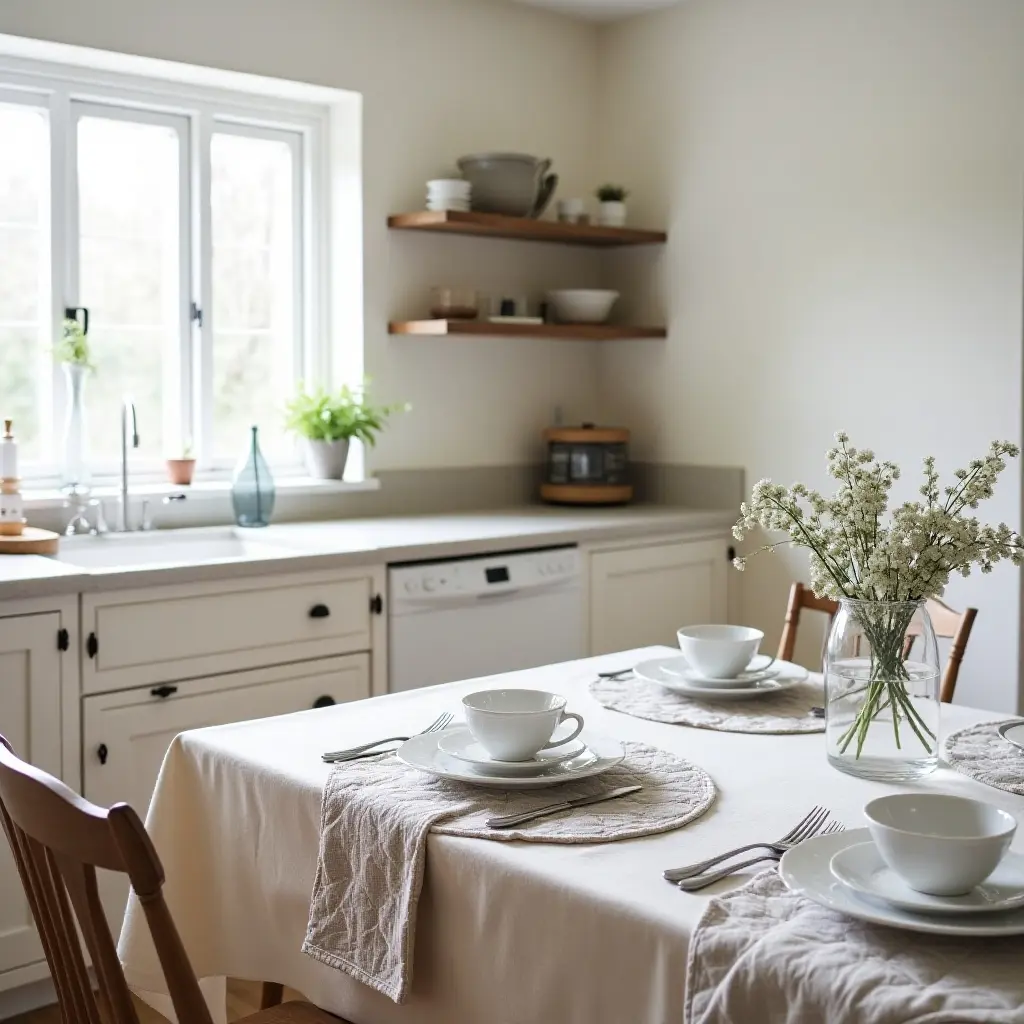 Cozy kitchen with a dining table set and fresh flowers.