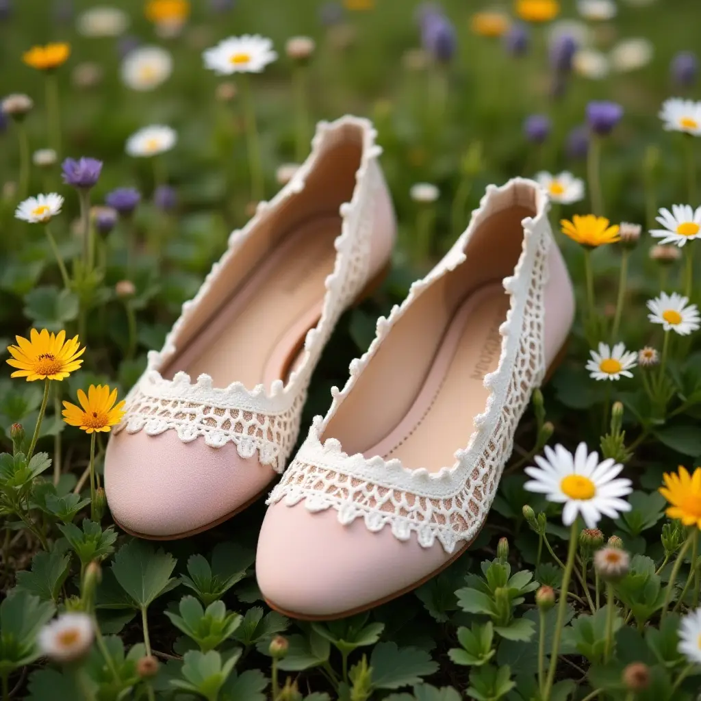 Pink ballet flats with lace trim surrounded by colorful flowers in a vibrant garden.