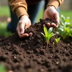 Person planting a small green seedling in rich soil, nurturing new growth.