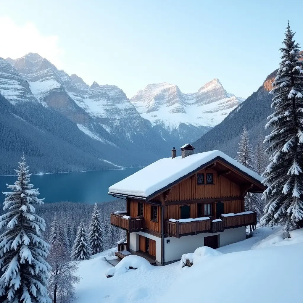 Swiss Cottage with Mountain Backdrop