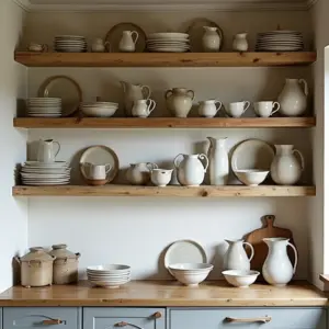 Shelves filled with various white ceramic dishes and pitchers in a cozy kitchen setting.