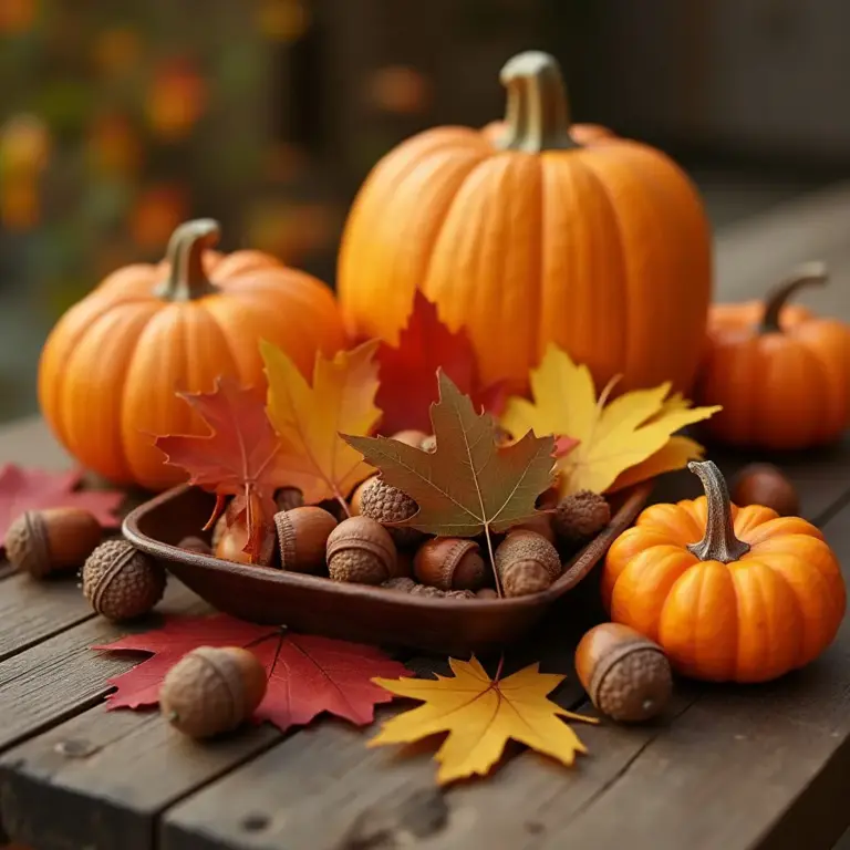 Autumn scene with pumpkins, colorful leaves, and acorns on a wooden table.