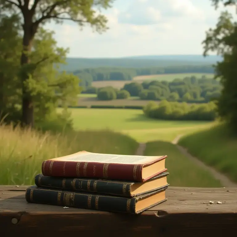 Stack of classic books on a wooden surface, with a lush green landscape in the background.