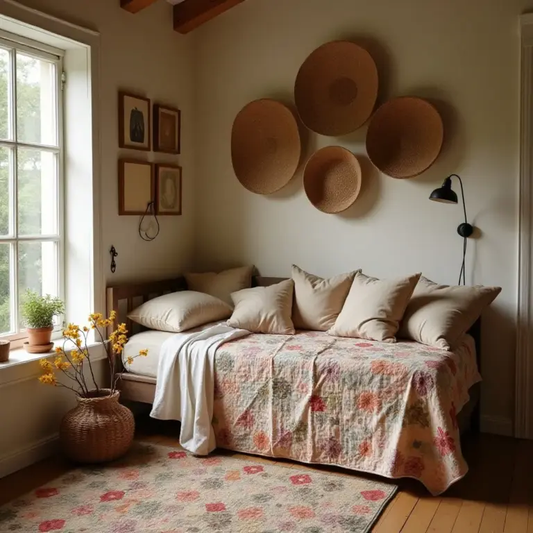 Cozy corner with a bed, decorative pillows, and woven wall art. Soft lighting enhances the peaceful atmosphere.