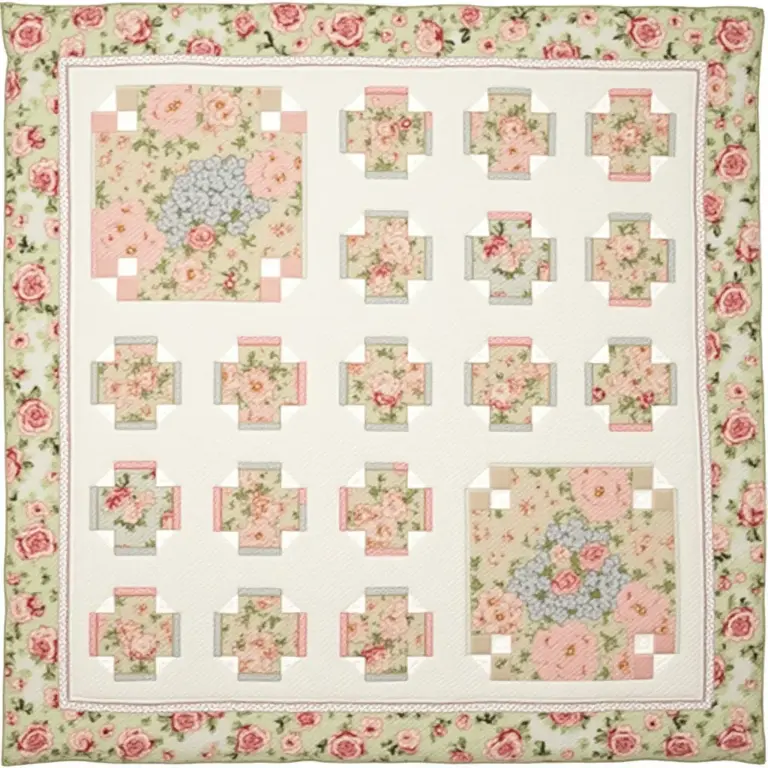 Colorful floral quilt featuring patchwork designs in a grid layout.