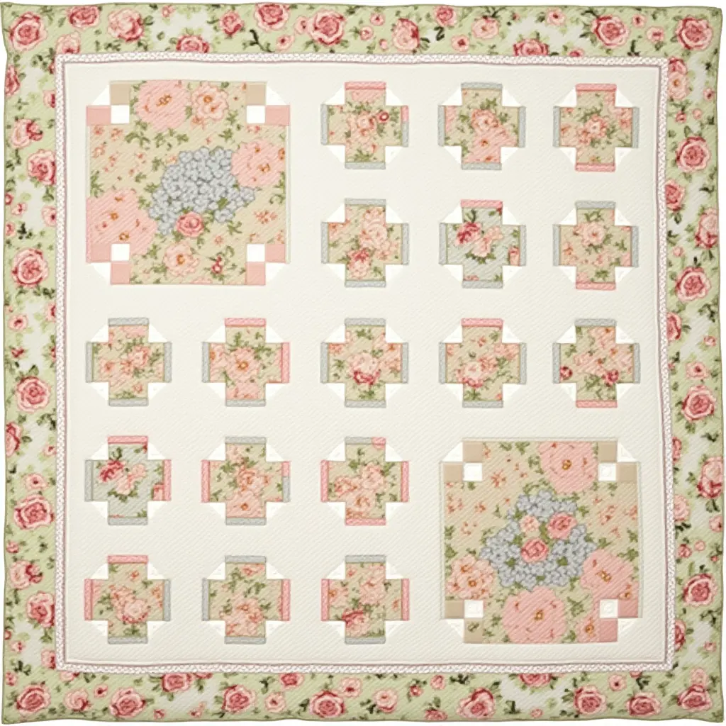 Colorful floral quilt featuring patchwork designs in a grid layout.