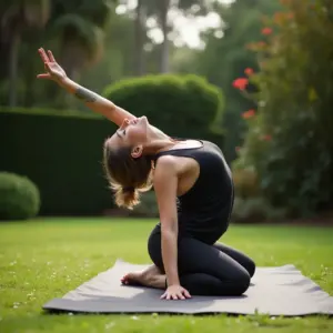 A woman practicing yoga on a mat in a lush outdoor setting.