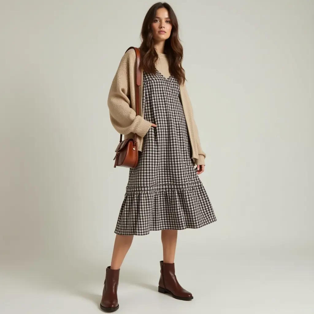 Gingham Dress and Oversized Sweater Cottagecore