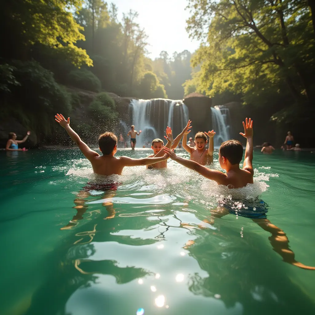 Children splashing joyfully in a turquoise waterfall pool surrounded by lush greenery.