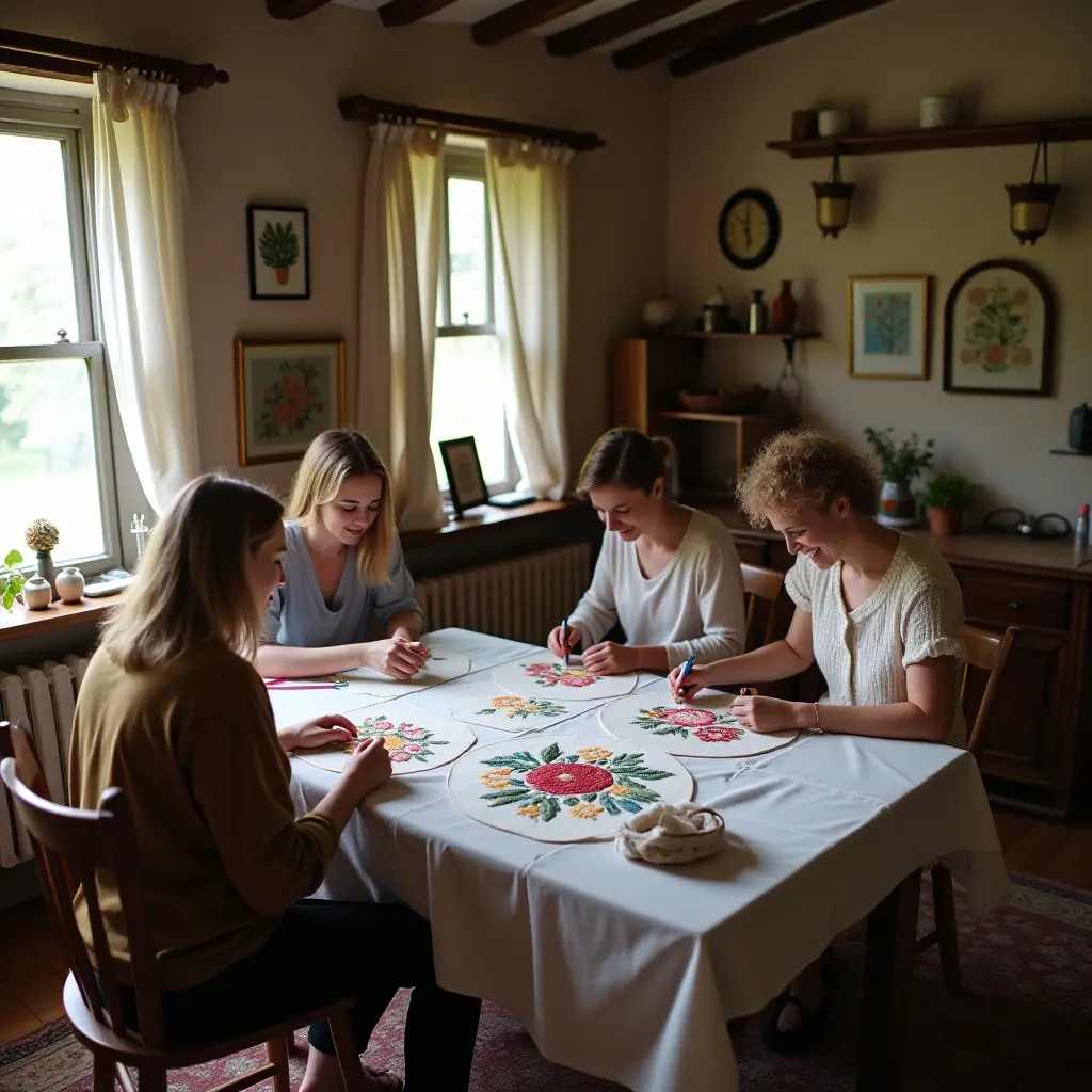 Four women embroidering colorful floral designs around a table in a cozy room. Natural light streams through the windows.