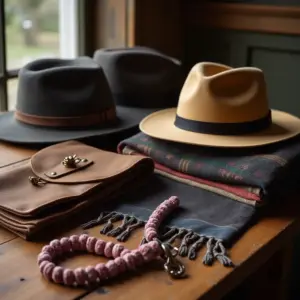 Assorted hats, scarves, a leather bag, and a dog leash arranged on a wooden table.