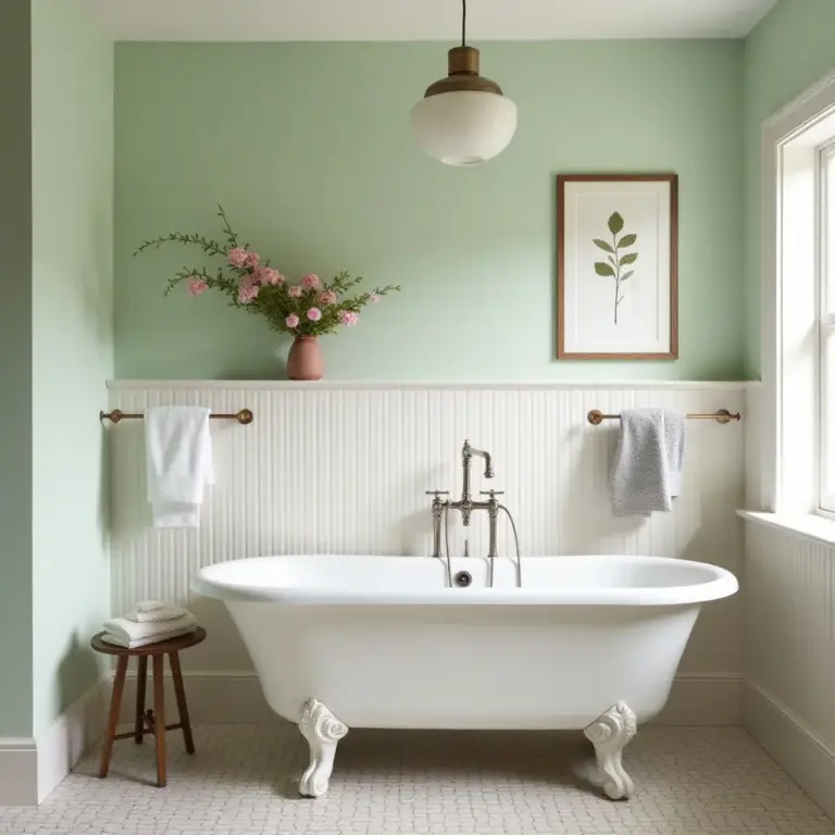 Elegant bathroom featuring a freestanding bathtub and floral decor. Soft green walls and modern fixtures create a serene atmosphere.