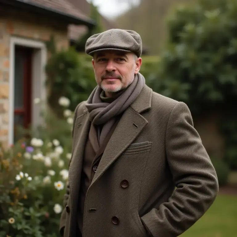 Man in a stylish coat and cap standing outside near flowers.