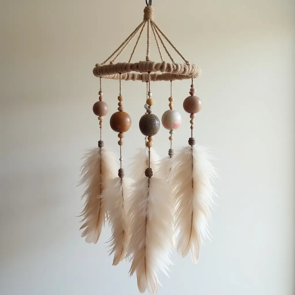 Bohemian-style dreamcatcher with feathers and decorative beads.