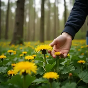 A hand gently touches a yellow flower among a lush green field of dandelions in a forest.