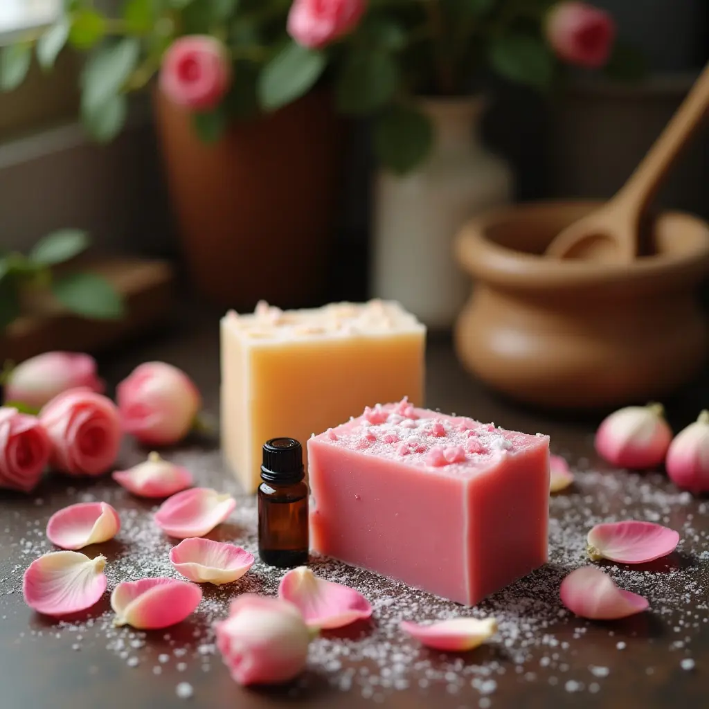 Two artisanal soaps surrounded by rose petals and essential oil, set on a wooden table.