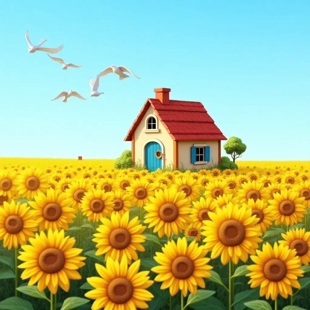 Cottage in Sunflower Field