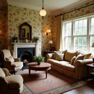 Cozy living room with floral wallpaper, fireplace, and comfortable seating.