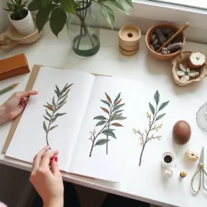 A person flipping through a sketchbook of botanical illustrations on a light workspace.