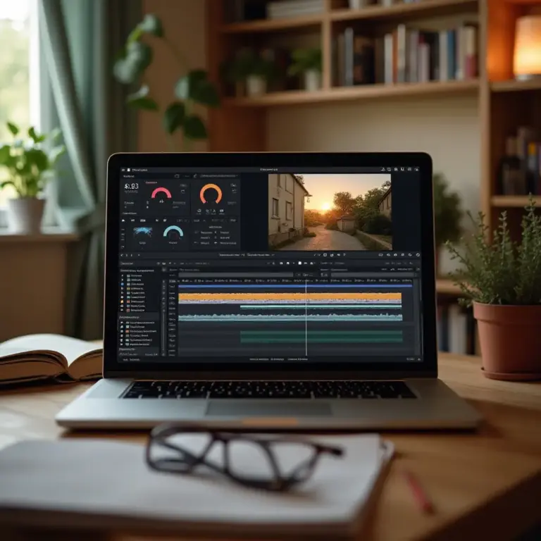 A laptop on a desk displaying video editing software, surrounded by books and plants.